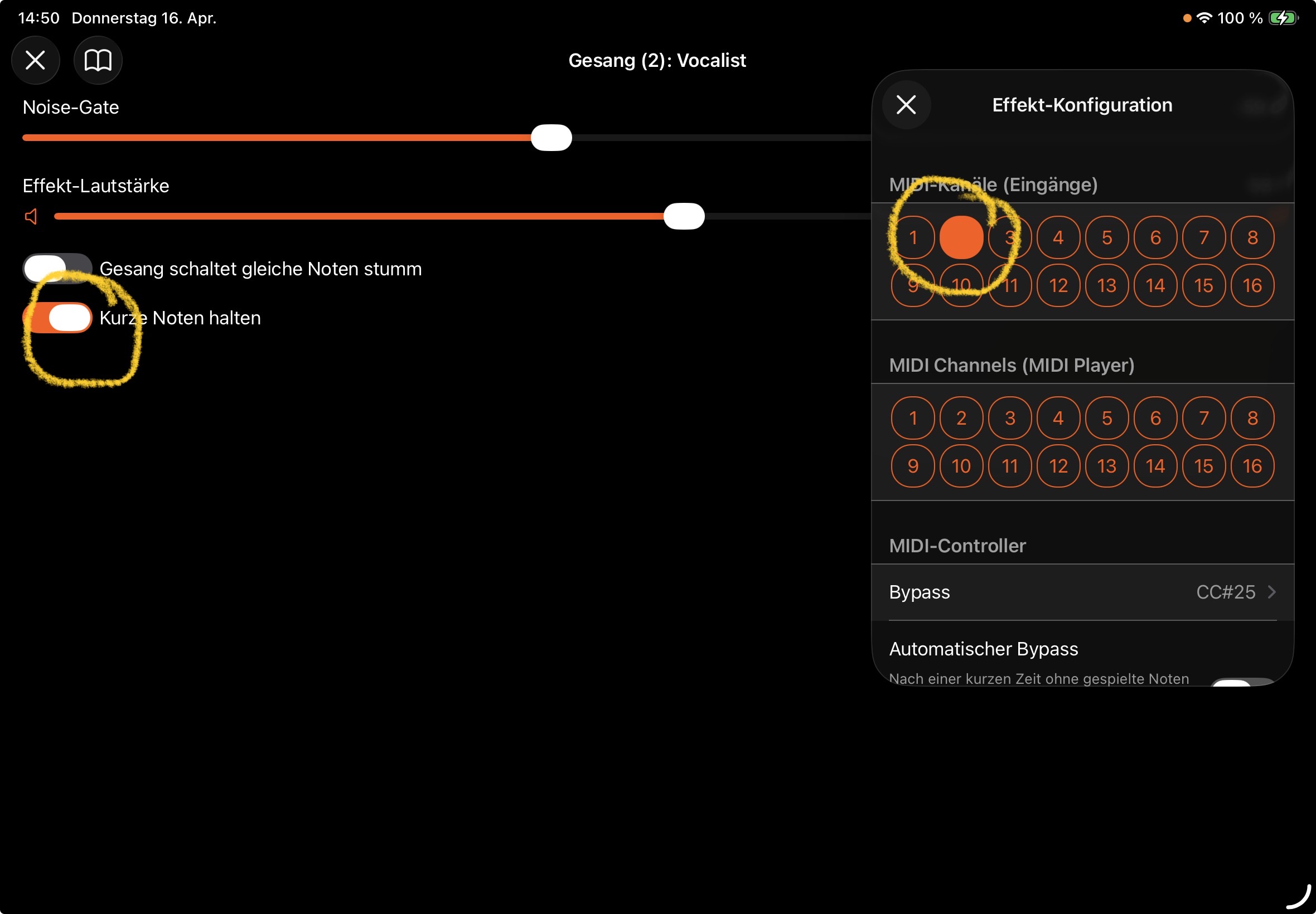 Vocalist-Einstellung MIDI-Kanal 2 und 3